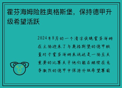 霍芬海姆险胜奥格斯堡，保持德甲升级希望活跃