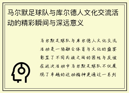 马尔默足球队与库尔德人文化交流活动的精彩瞬间与深远意义