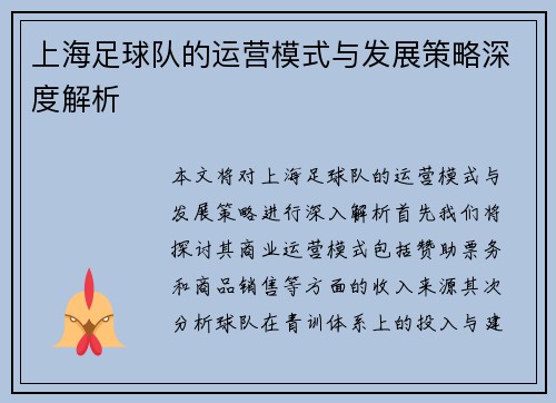 上海足球队的运营模式与发展策略深度解析
