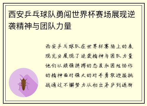 西安乒乓球队勇闯世界杯赛场展现逆袭精神与团队力量