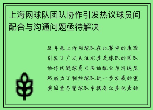 上海网球队团队协作引发热议球员间配合与沟通问题亟待解决
